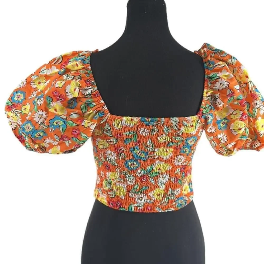 Zara Womens Balloon Sleeve Crop Top Flounce shirt l Orange Floral sz lg NWT - Picture 9 of 10
